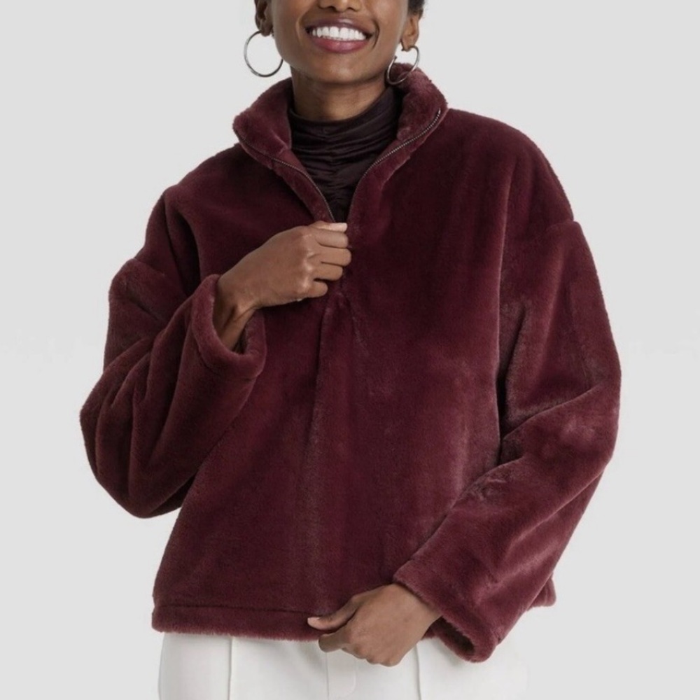 A New Day Faux Fur Burgundy Maroon Quarter Zip Pullover Sweatshirt Jacket